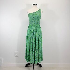 ZCSIA Smocked Floral One Shoulder Tiered Floral Green Midi Dress Size S